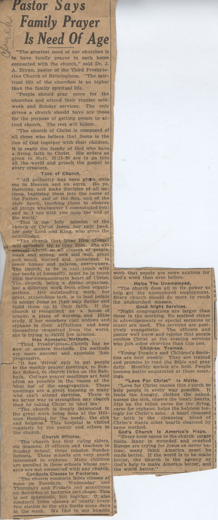 Pastor Says Family Prayer Is Need of Age